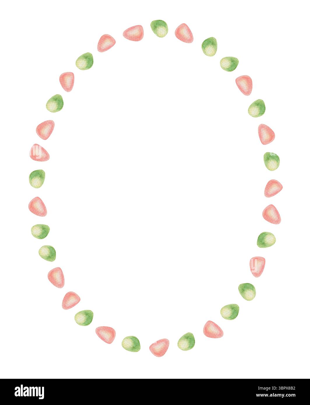 Ovaler Seeglaskranz im handgezeichneten Aquarellstil. Durchscheinende rosa und grüne Kieselsteine bilden eine Küstenelipse. Perfekt für Sommerkartenvorlagen Stockfoto