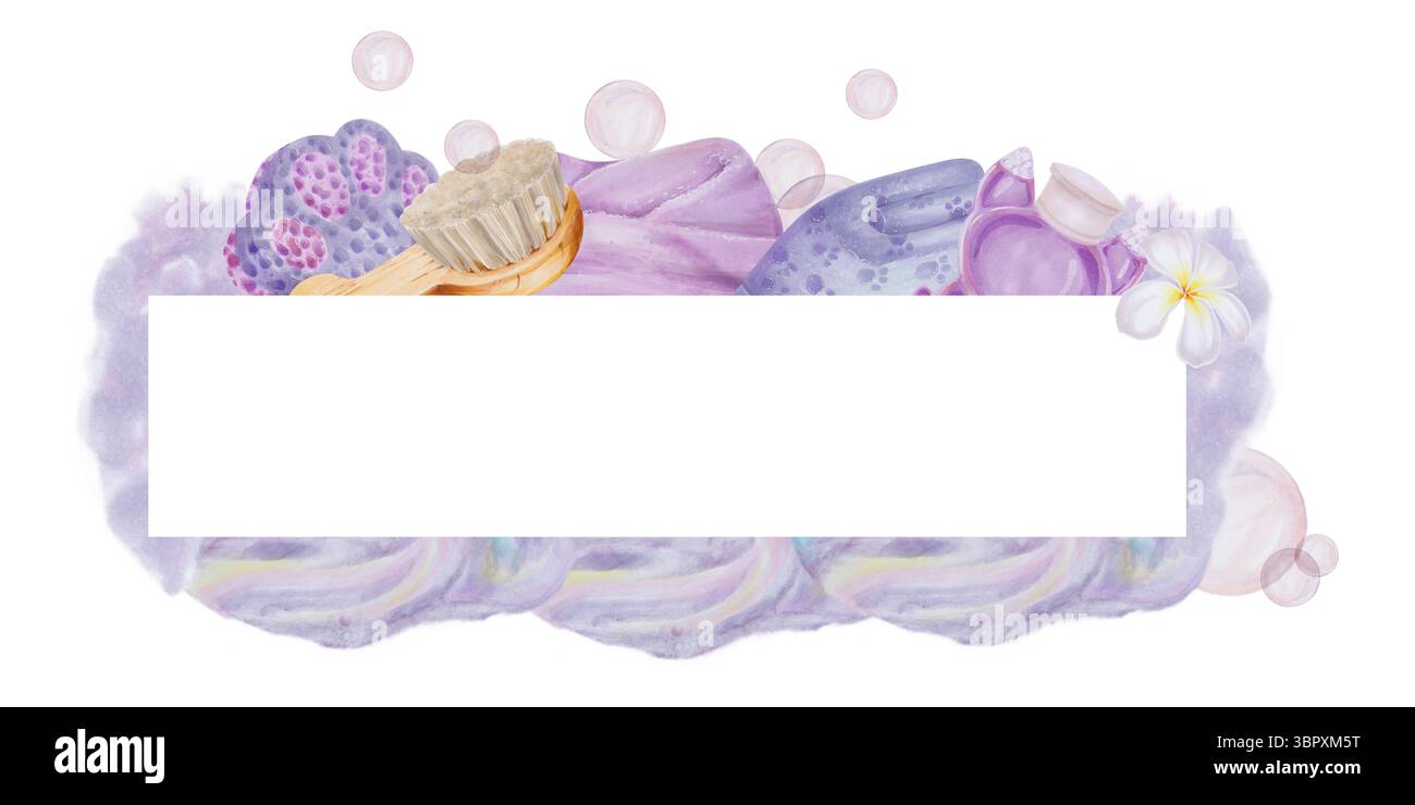 Aquarellabbildung eines Banners mit violettem Hintergrund aus handgezeichnetem Schaum. Zubehör zum Waschen und Annehmen des Badezimmers. Seifenblase Stockfoto