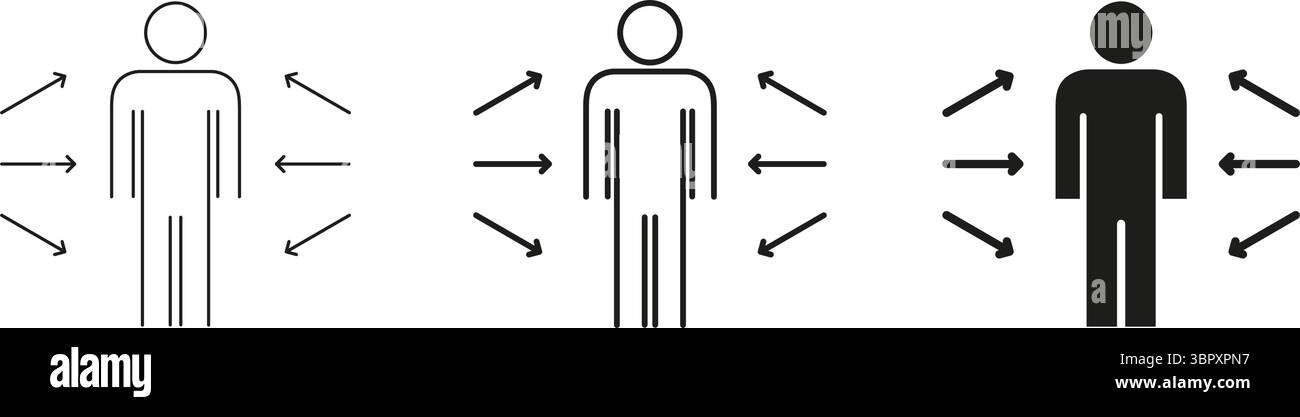 Menschliche Figur Mit Pfeillinie Und Ausgefülltem Symbolsatz. Umriss Und Silhouettensymbol Für Persönlichen Bereich, Einfluss Und Interaktion. Soziale Dynamik Und Stock Vektor