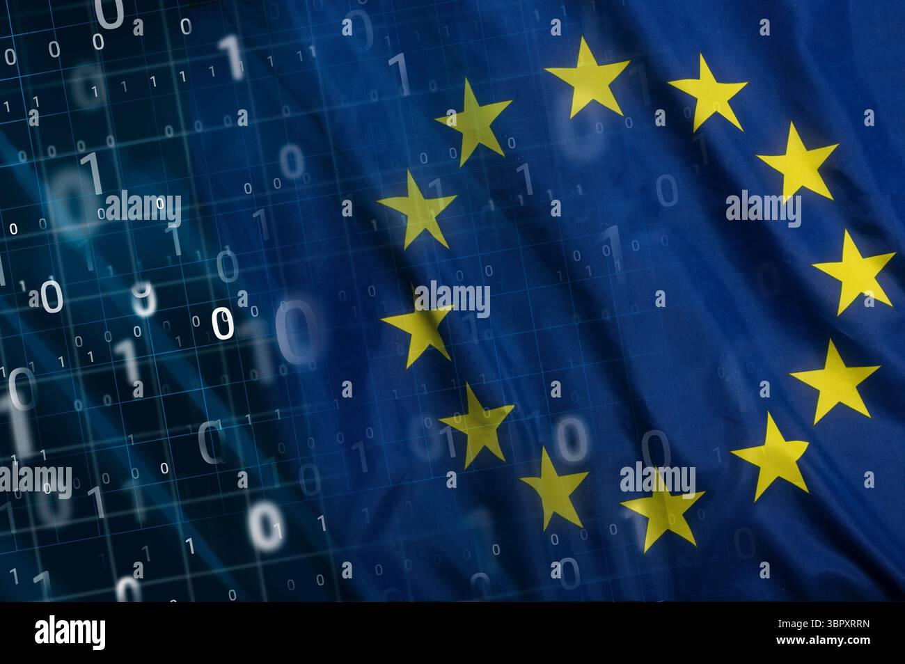 Flagge der Europäischen Union überlagert über Computer, Binärzahlen Stockfoto