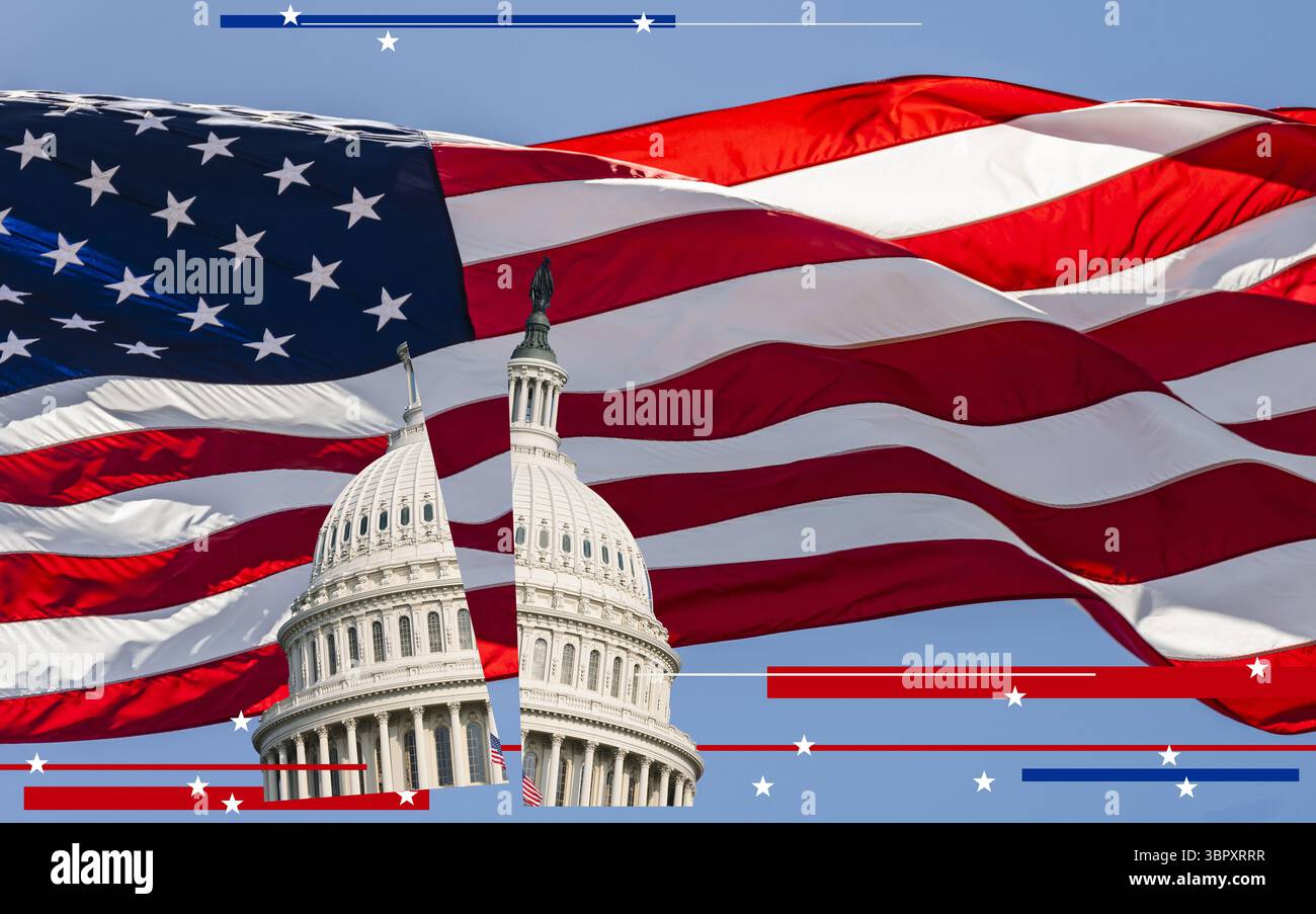 Kaputtes Kapitolgebäude gegen amerikanische Flagge Stockfoto
