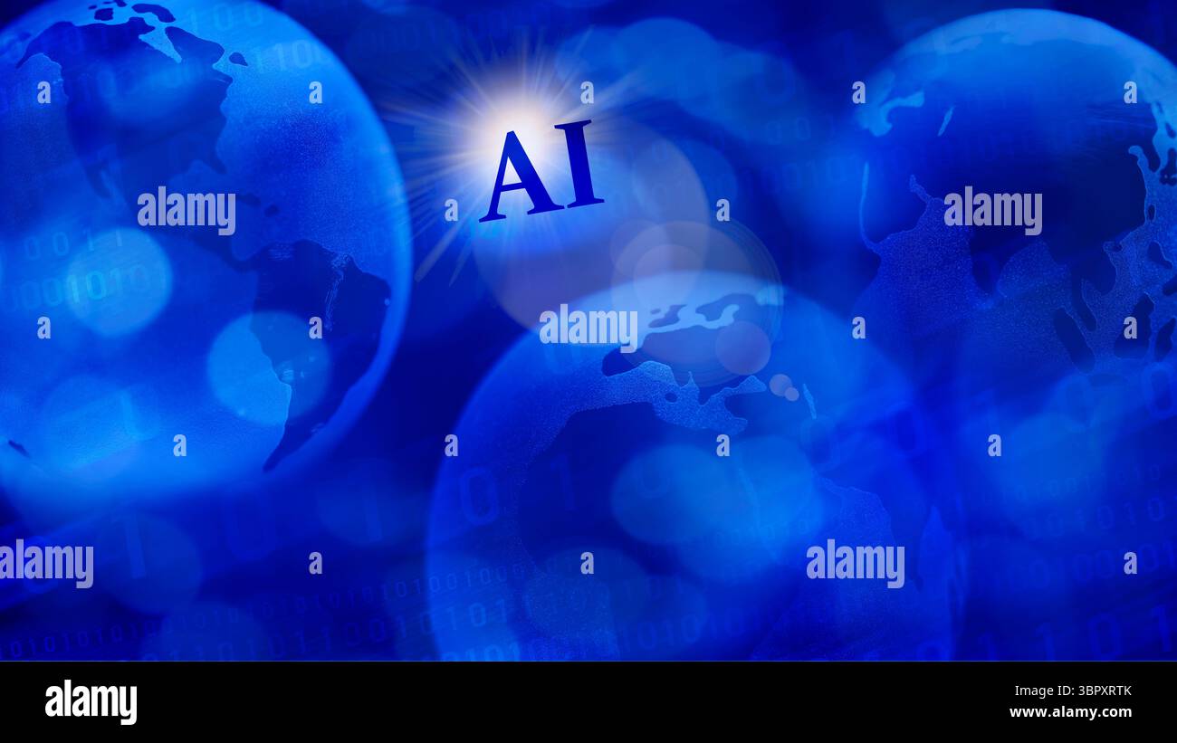Blauer Hintergrund von Globen mit Buchstaben „AI“ und überkreuzten Binärzahlen Stockfoto