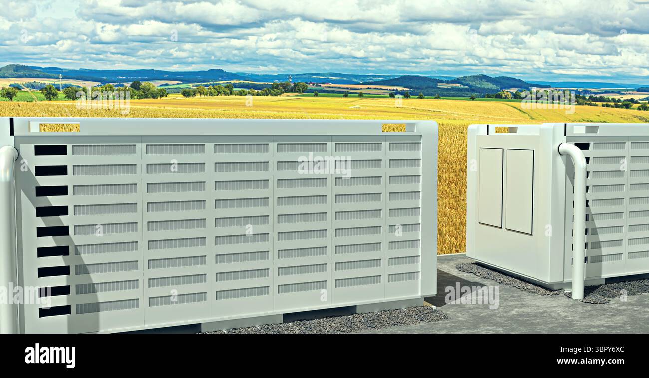 Ein modernes Solarfeld mit Batteriespeicher in der Natur, 3D-Illustration Stockfoto