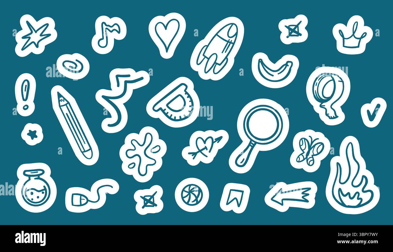 Vektorsatz von Schulaufklebern: Notizbücher, Stifte, Scheren und Farbpaletten. Niedlicher Doodle-Stil, perfekt für Scrapbooking, Journals oder lehrreiche A Stock Vektor