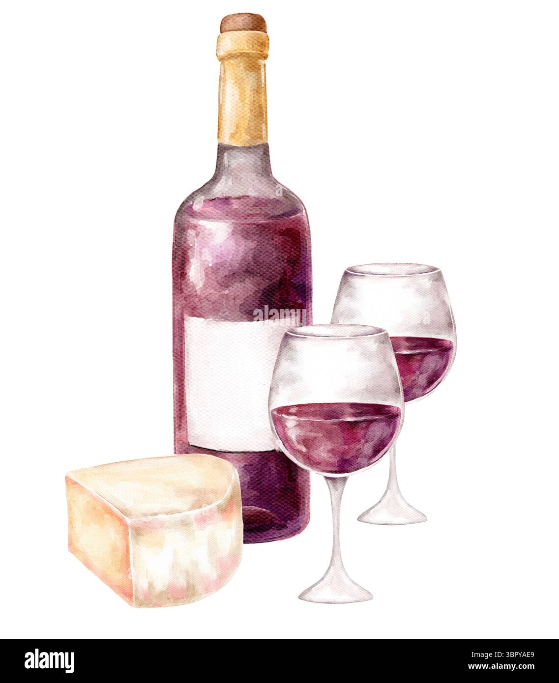 Aquarell handgemalt Illustration Wein Flasche Gläser, Trauben und Käse Clipart, weiß- und Rotwein, Veilchen Getränk, Clipart isoliert auf weißem Hintergrund Stockfoto