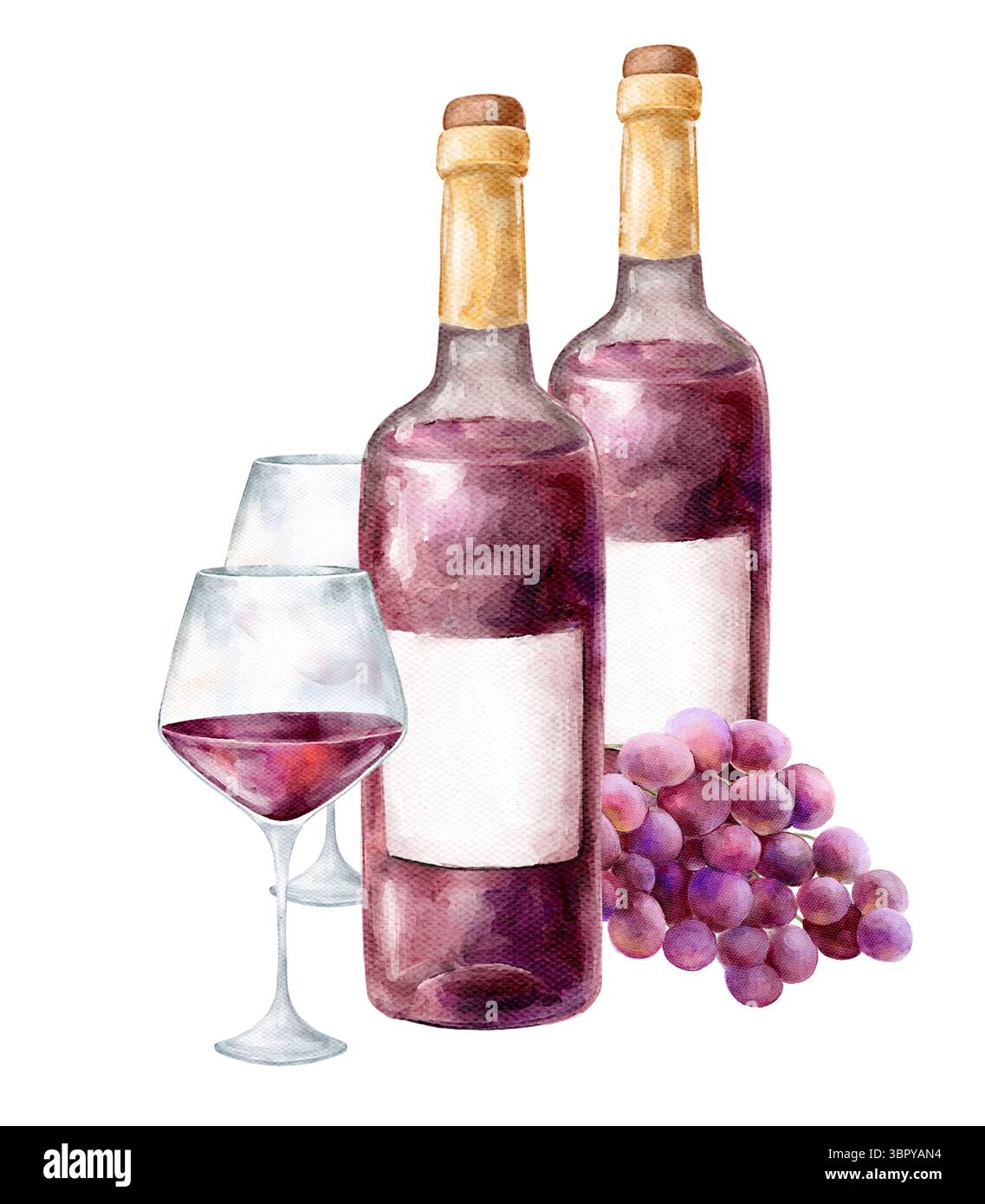 Aquarell handgemalt Illustration Wein Flasche Gläser, Trauben und Käse Clipart, weiß- und Rotwein, Veilchen Getränk, Clipart isoliert auf weißem Hintergrund Stockfoto
