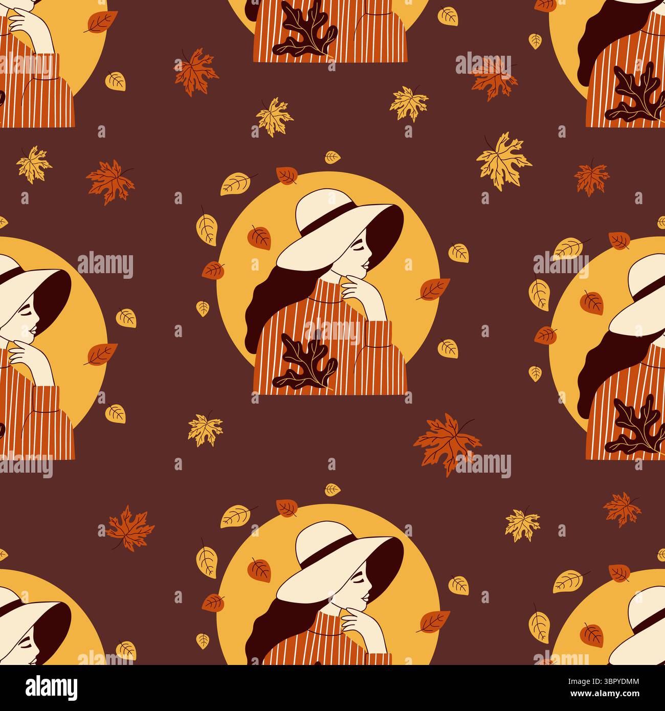 Nahtlose Muster Herbst schöne Frau im Profil im Hut auf braunem Hintergrund mit Herbstblättern. Herbstliche Vektordarstellung. Minimalistisches Handzeichnen Stock Vektor