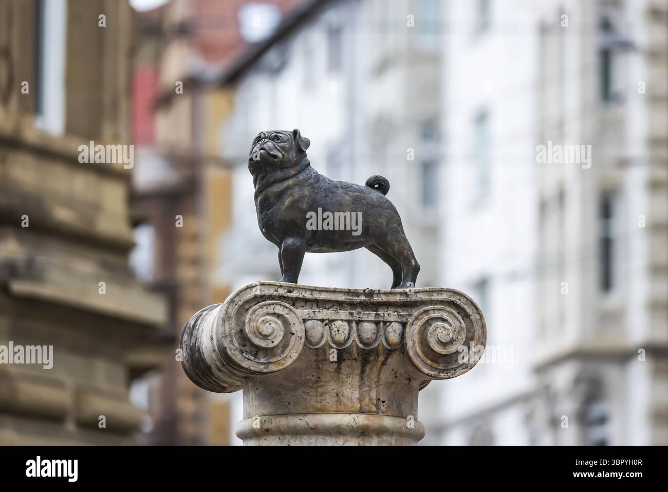 Loriot-Gedenkstätte mit Mops. In Erinnerung an Vicco von Buelow, der seine Karriere in Stuttgart begann. Stuttgart, Baden-Württemberg, Deutschland Stockfoto