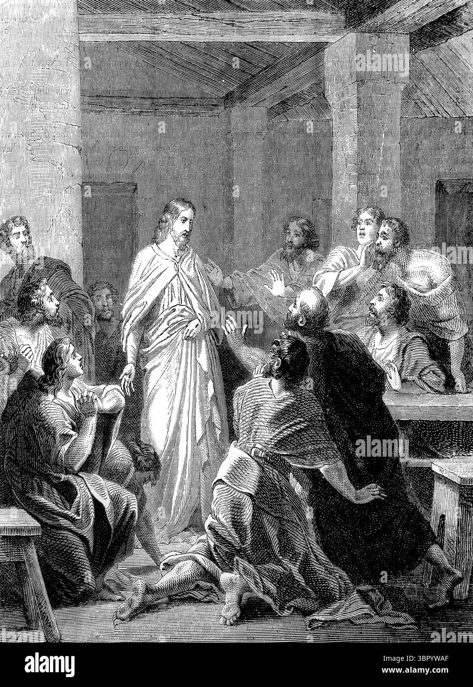 Illustration von Jesus Christus, der seinen Jüngern nach der Auferstehung Johannes XX 19,20 aus dem antiken 19. Jahrhundert erscheint. Die Heilige Bibel enthält das O Stockfoto