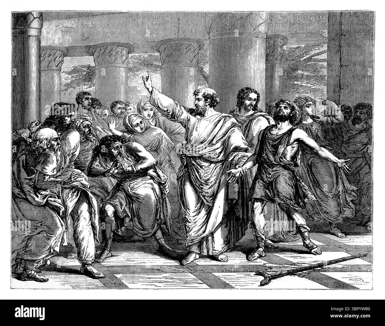 Illustration der Apostel Petrus und Johannes, die den Lahmen am Tempel von Jerusalem heilen, Apostelgeschichte III.16 aus dem antiken 19. Jahrhundert Stockfoto