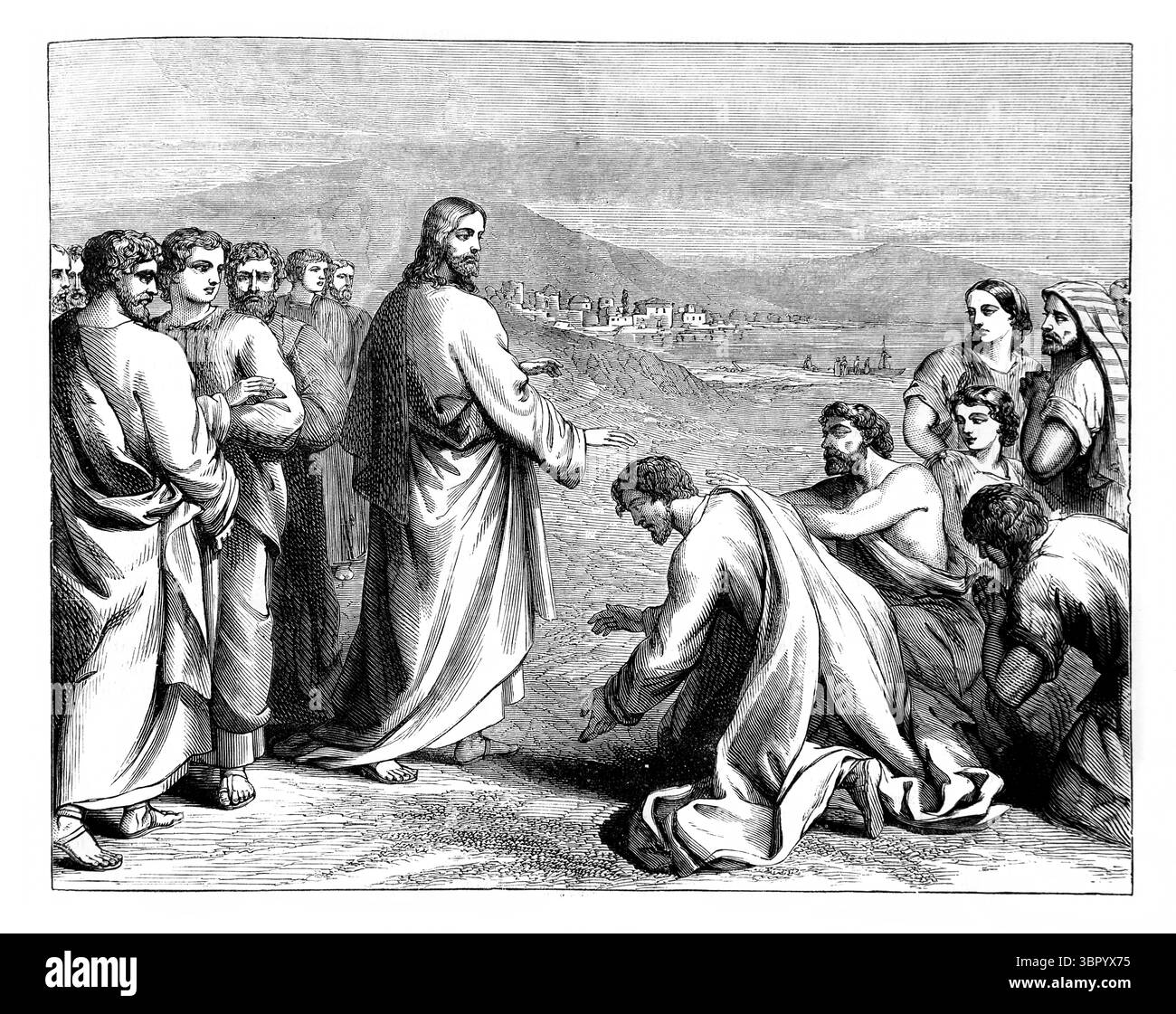 Illustration der unreinen Geister, die vor Christus fallen, „ausrufen, dass du der Sohn Gottes bist“ Jesus Christus sagt ihnen, dass sie ihn nicht kundtun sollen (Markus Stockfoto