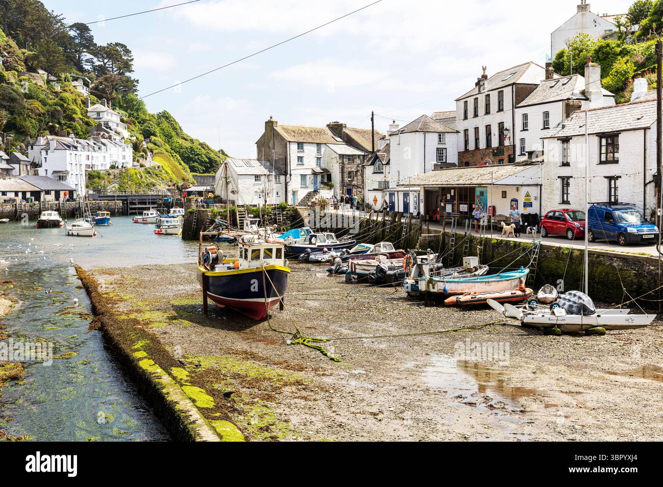 Polperro Village, Polperro, Cornwall, Großbritannien, England, Dorf, Dörfer, Cornisch, Hafen, Boote, Polperro Hafen, Gezeiten, Boot, Yachthafen, Meereslandschaft, Küste, Stockfoto