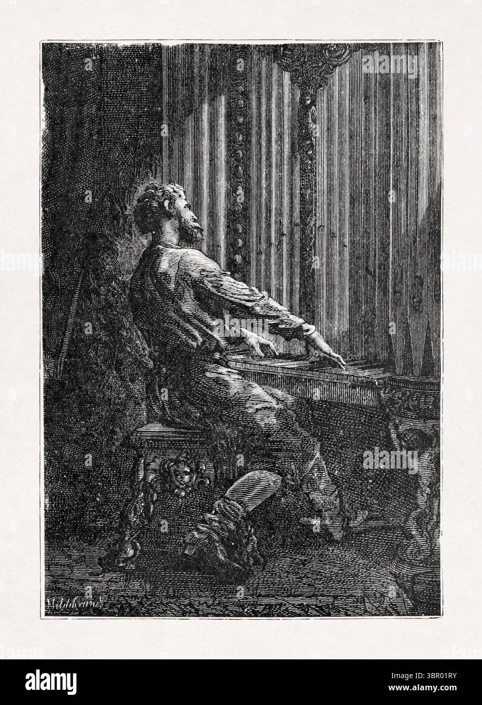 Illustration, in der Captain Nemo die Orgel aus dem Buch „Twenty Thousand Leagues Under the Sea“ von Jules Verne spielt. Stockfoto