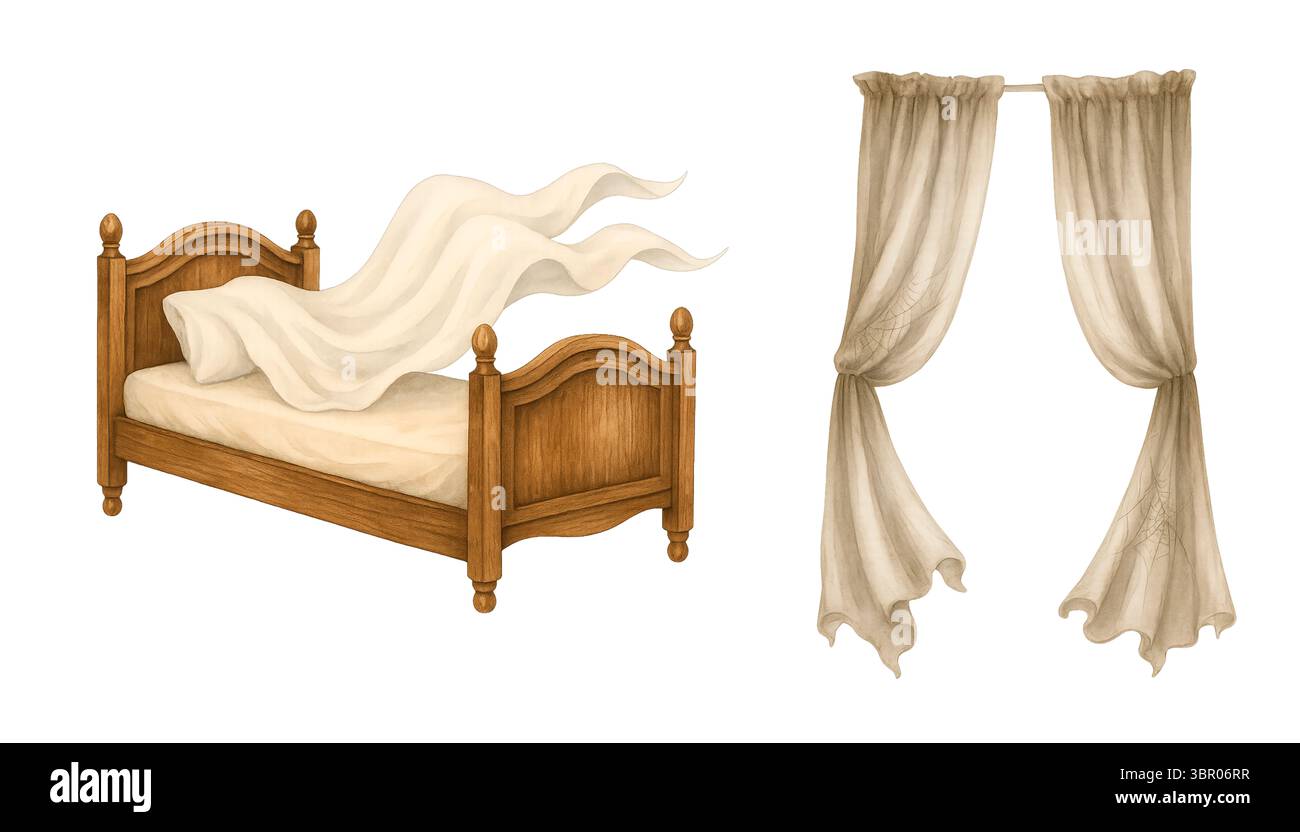 Geist schlafend im Bett mit Vorhängen – gemütliche Halloween Aquarellszene Stockfoto