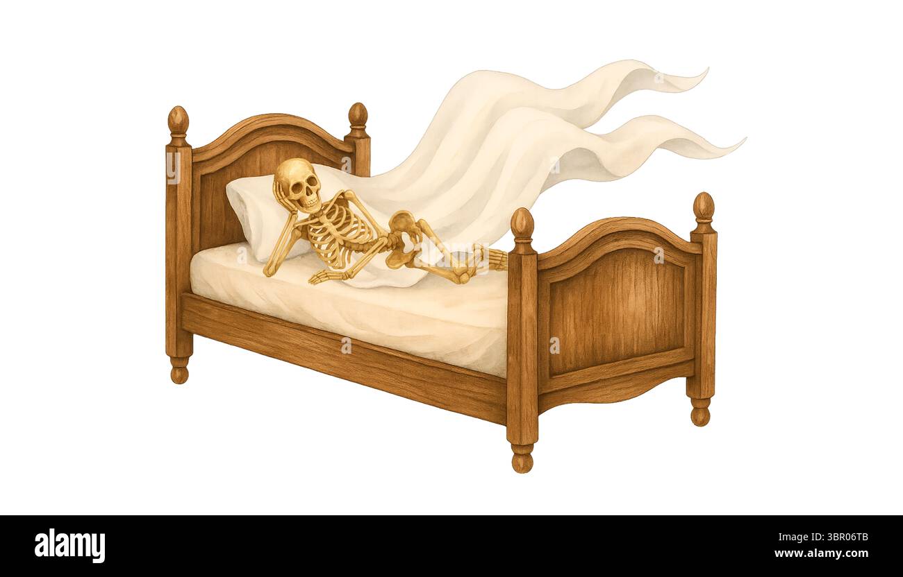 Skelett schlafend in Haunted Bed with Ghost – Halloween Aquarellszene Stockfoto