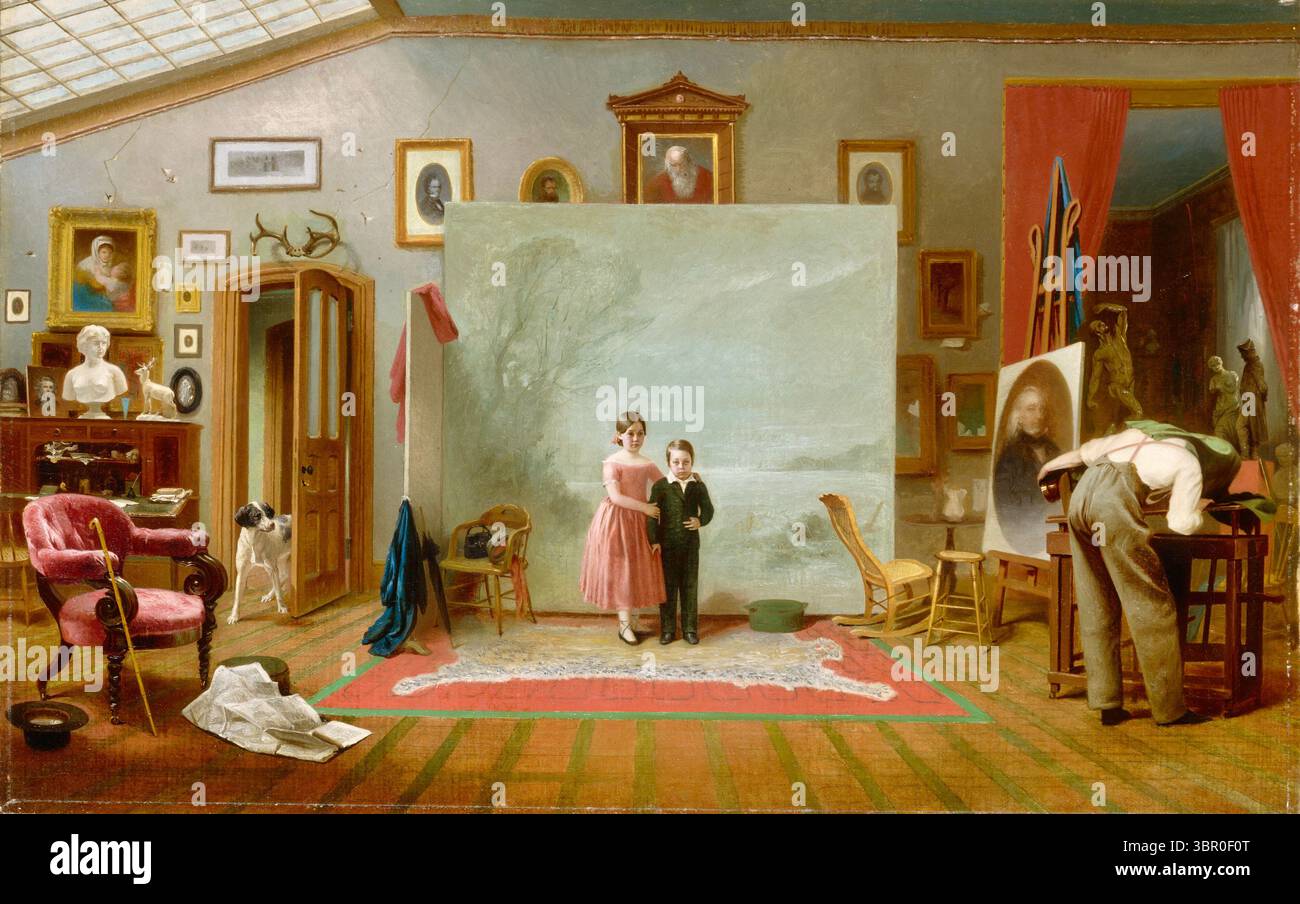 Thomas le Clear – Innenraum mit Porträts – 1865 – zwei Kinder, James und Parnell Sidway, posieren für ein Foto in einem Künstleratelier. Stockfoto