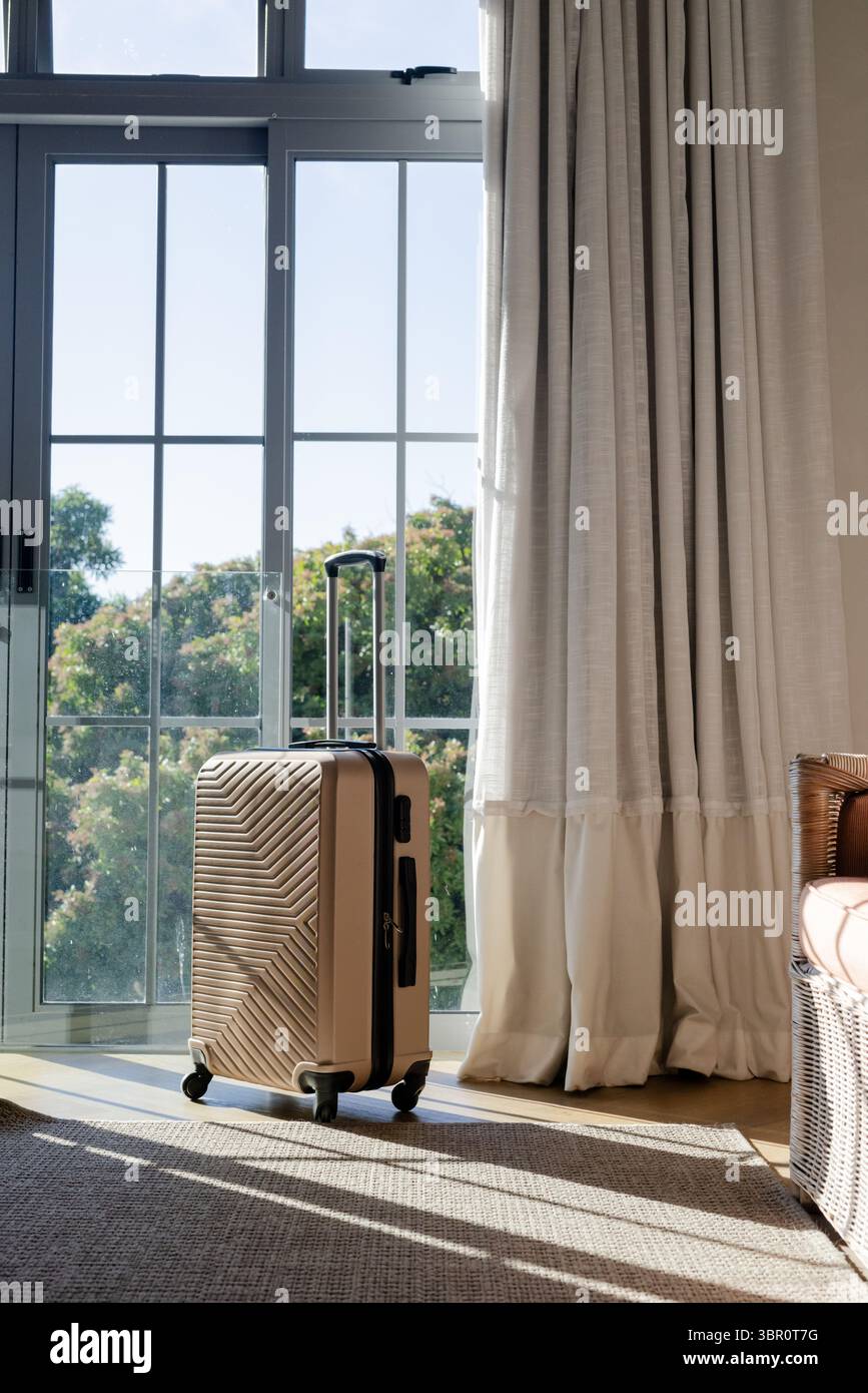 Der Handgepäck mit Drehrädern steht auf dem Boden mit gewebtem Teppich durch eine Glasschiebetür. Gepäck, Reise, modern, minimalistisch, Zuhause, leis Stockfoto