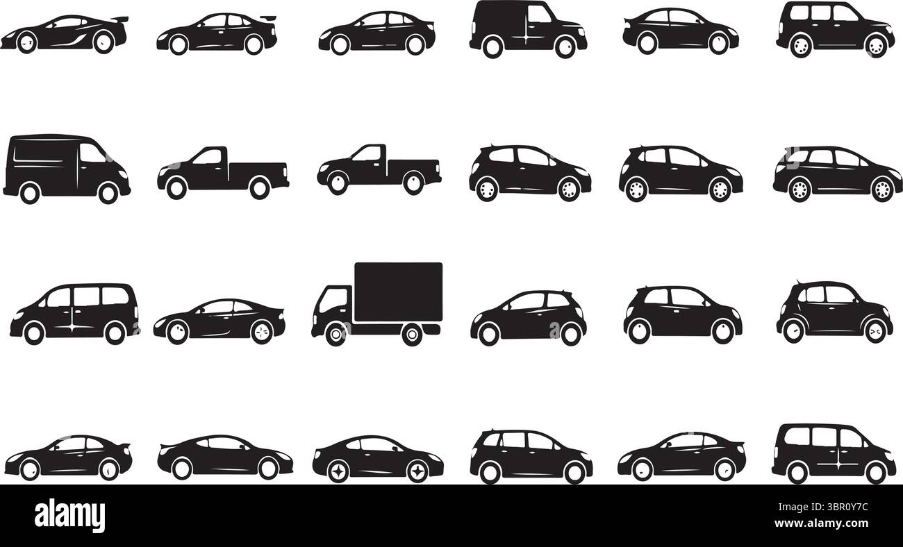 Eine vielfältige Sammlung schlanker, isolierter schwarzer Fahrzeugsilhouetten, darunter Autos, Lkw, Lieferwagen und SUVs, präsentiert in verschiedenen Winkeln für die Automobilindustrie Stock Vektor