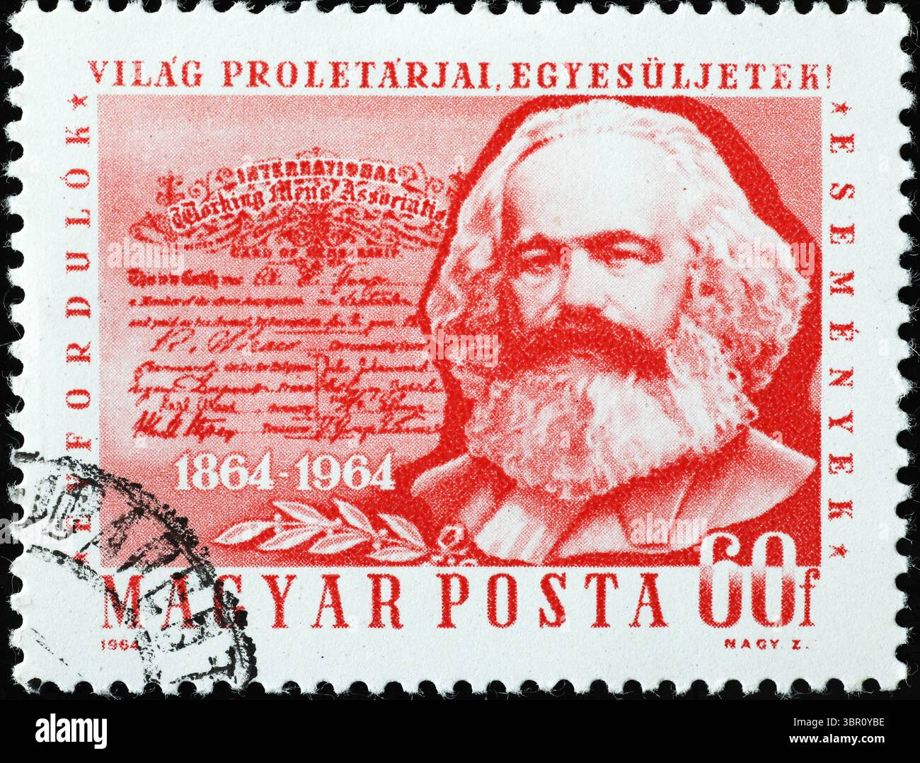 Karl-Marx-Vintage-Porträt auf ungarischer Marke Stockfoto