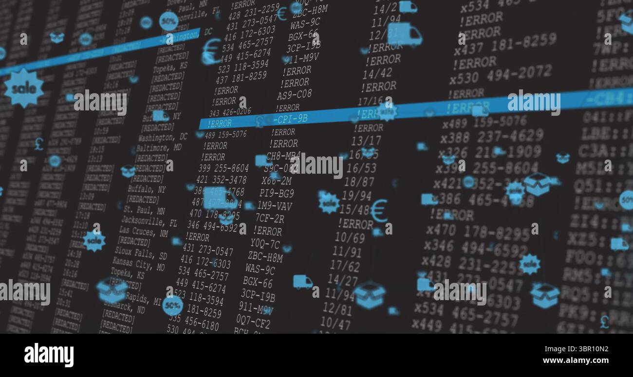 Anzeige des Armaturenbretts mit FEHLERCODES auf dem Monitor mit hervorgehobenen Balken und Vorhängeschloss-Symbolen. Technologie, Cybersicherheit, Daten, Analysen, digital, Manag Stockfoto
