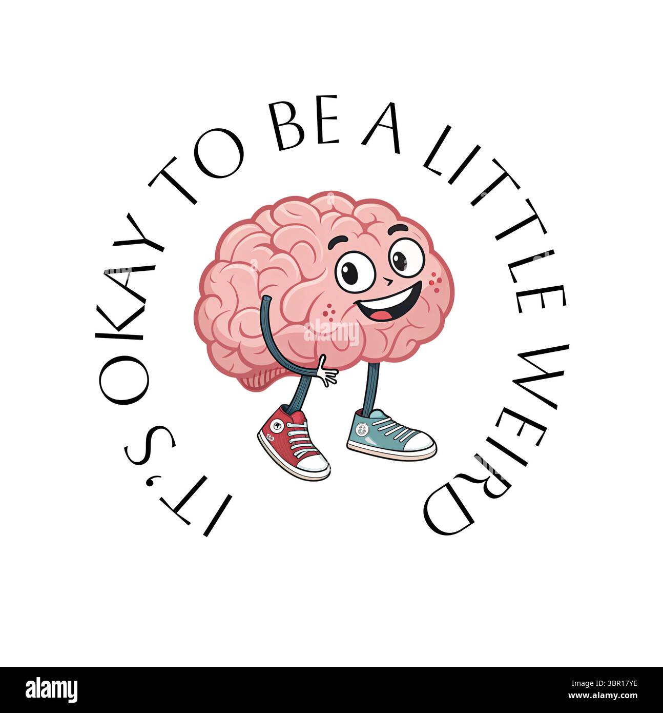Verspielter und farbenfroher, kreisförmiger Text „IT’s okay to be a Little seltsam“ mit schrulligen, bunten Sneakers, die Humor und Kreation vermischen Stockfoto