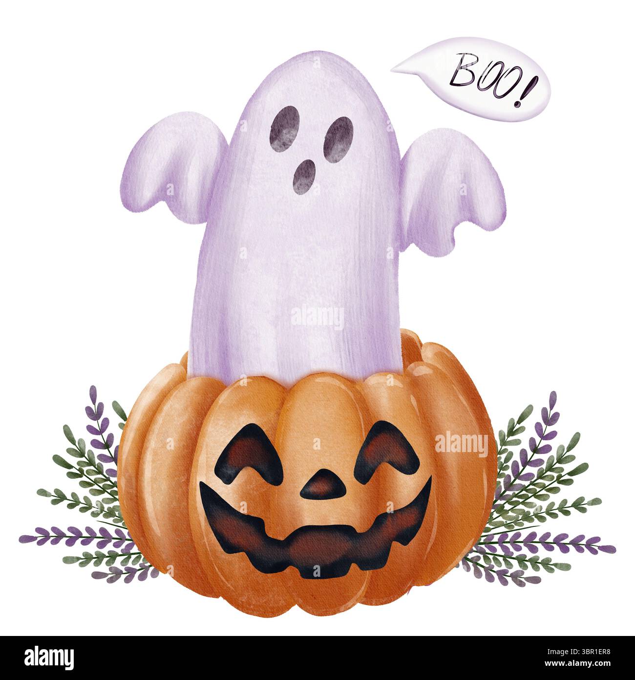 Aquarellillustration eines niedlichen lila Geistes, der aus einem geschnitzten Kürbis mit einem „Buh!“ aufspringt Sprechblase Stockfoto