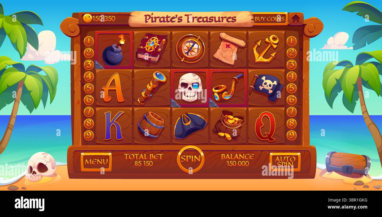 Online-Casino-Spielautomat mit Piratenelementen. Cartoon Vektor Corsair Slot Maschine Interface Bildschirm mit Schatz, Schädel, Kanonenkugel, Gold, Anker, Karte, Tricorn und Kompass auf tropischem Strand Hintergrund Stock Vektor