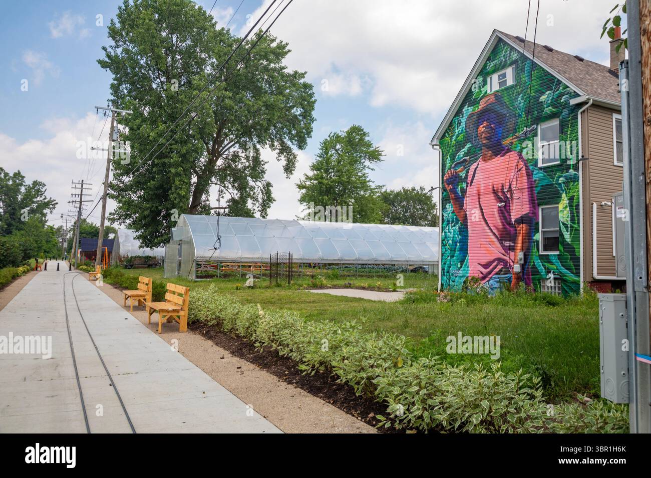 Detroit, Michigan – die Stadt Detroit eröffnet neun „Arts Always“ in Vierteln rund um die Stadt. Die North End Agri-Arts Alley ist von t verankert Stockfoto
