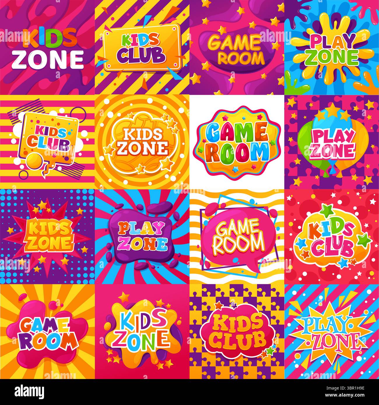 Kinder Zone Banner, Spielzimmer, Spielbereich Vektorset. Farbenfrohe Zeichentrickelemente mit Halbton, Sprechblasen, Sternen und Spritzern mit abstrakten Wellen, Puzzleteilen und Linien. Baby-Center, Spielplatz Stock Vektor