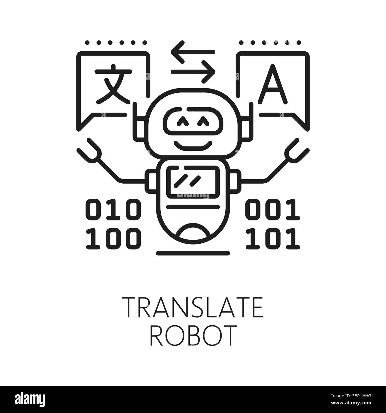 Englischsprachige Übersetzung Roboter Zeilensymbol oder -Zeichen. Sprachübersetzung lineares Vektorpiktogramm, englisches Wörterbuch lineares Symbol. Übersetze das Symbol mit einem niedlichen Roboter- oder Droidencharakter Stock Vektor