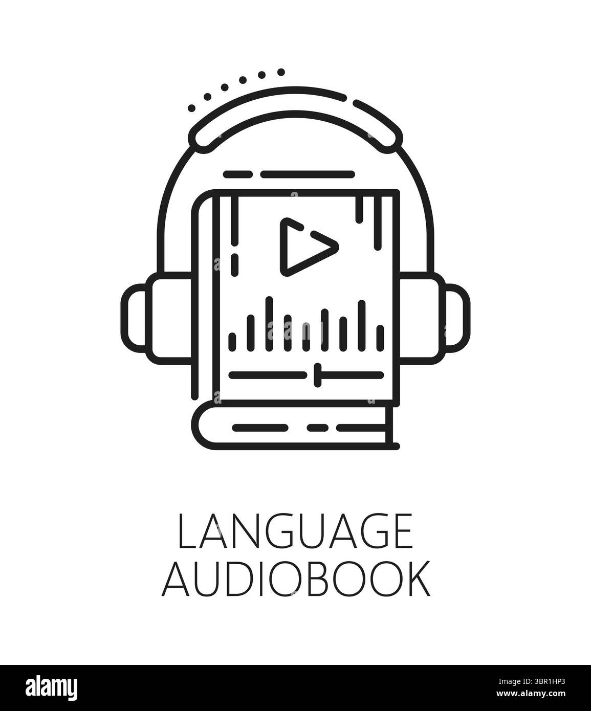 Hörbuch in englischer Sprache und Symbol oder Emblem für Übersetzungslinien. Englischsprachiges Hörbuch-Vektorsymbol, Sprachübersetzungszeichen. Symbol für fremdes Vokabular mit Buch, Audio-Play-Taste und Kopfhörern Stock Vektor