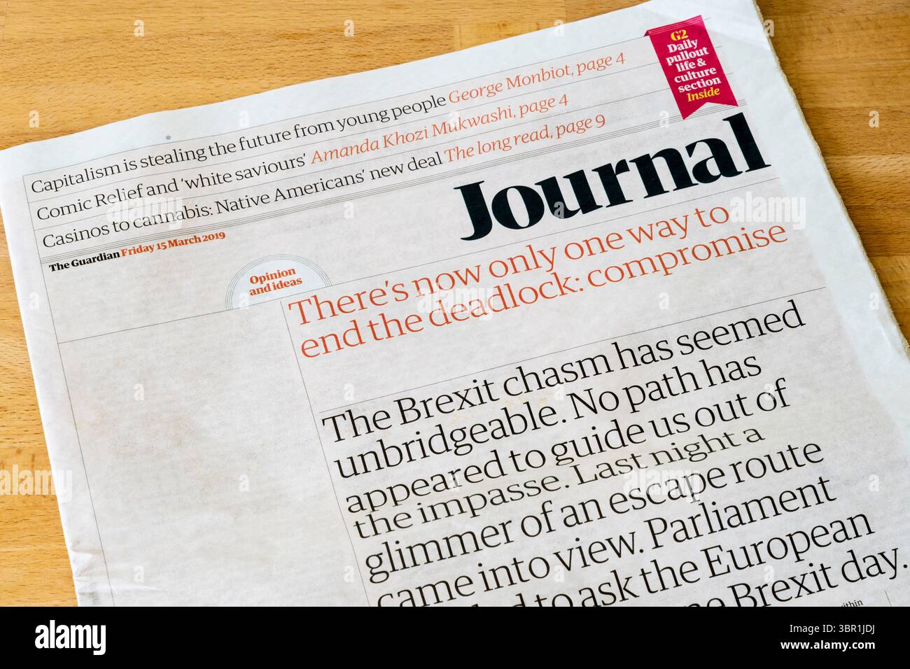 15. März 2019. Die Überschrift im Journal-Abschnitt des Guardian lautet: Es gibt jetzt nur noch einen Weg, die Blockade zu beenden: Kompromisse. Stockfoto