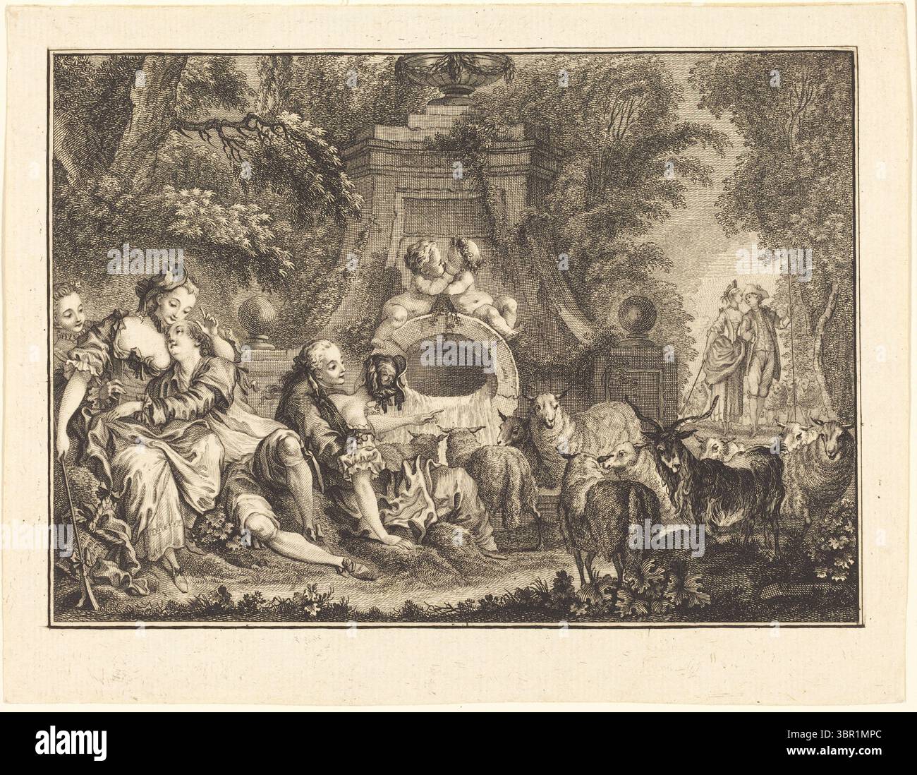 Country Pleasures, graviert von Joseph de Longueil nach Charles Eisen. Eine verspielte französische Pastoralszene aus dem 18. Jahrhundert, die elegant gekleidete Figuren in romantischen Verstrickungen zwischen einem Brunnen, Schafen und Ziegen zeigt. Rokoko-Charme mit klassischen ländlichen Themen. Stockfoto