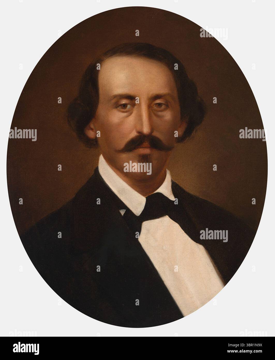 Selbstporträt des deutsch-amerikanischen Malers Carl Wimar, entstanden um 1850–1862. Wimar wird in formeller Kleidung mit dunklem Anzug, weißem Hemd und schwarzer Schleife gezeigt, sein Ausdruck ruhig und komponiert, mit unverwechselbarem Gesichtshaar und zeitgemäßem Styling. Stockfoto