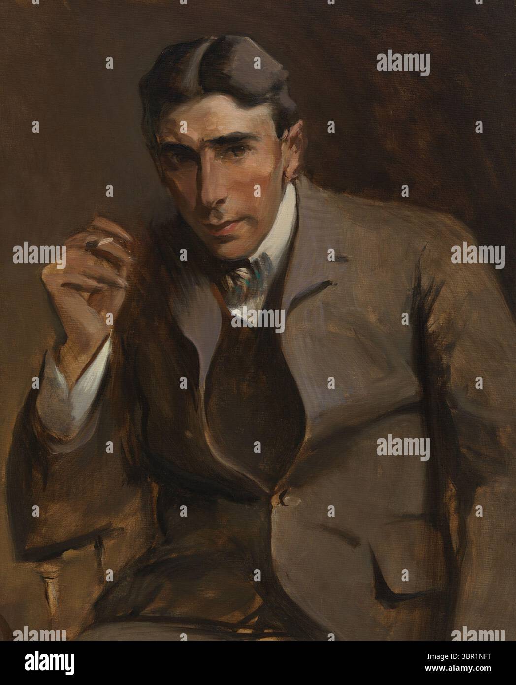 Porträt des amerikanischen Schriftstellers und Dramatikers Newton Booth Tarkington von John White Alexander, gemalt im späten 19. Oder frühen 20. Jahrhundert. Der Sitter wird in einer nachdenklichen Pose gezeigt, in einem braunen Anzug gekleidet und eine Zigarette hält, während die dramatische Beleuchtung seinen intensiven Blick unterstreicht. Stockfoto