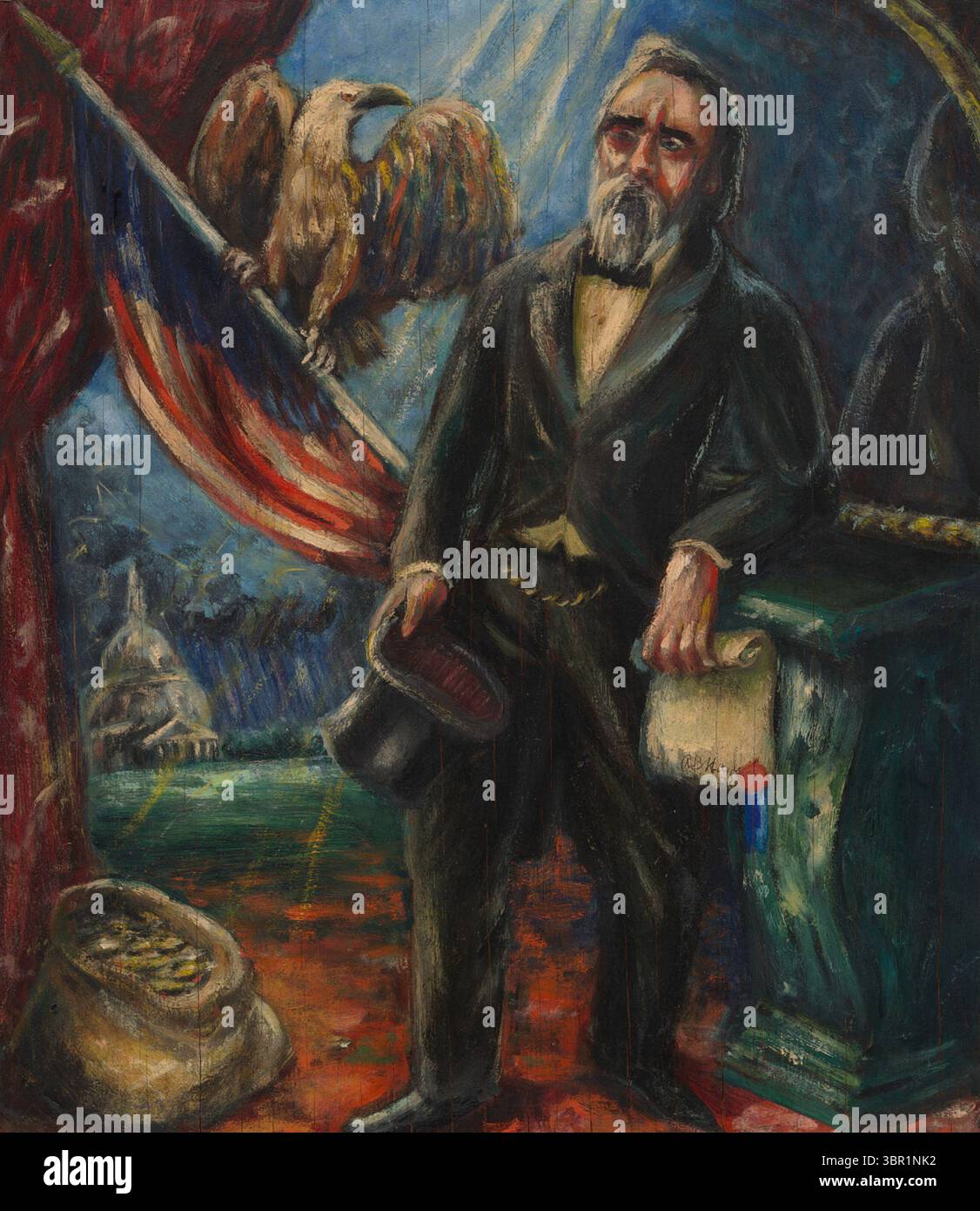 Expressionistisches Porträt mit dem Titel Hayes Platform of Sound Money von Lenna Dimock Glackens, das US-Präsident Rutherford B. Hayes mit symbolischen Elementen wie dem Kapitol, einem Adler und einer Rolle mit der Bezeichnung „Sound Money“ darstellt. Lackiert zwischen 1913 und 1943. Stockfoto
