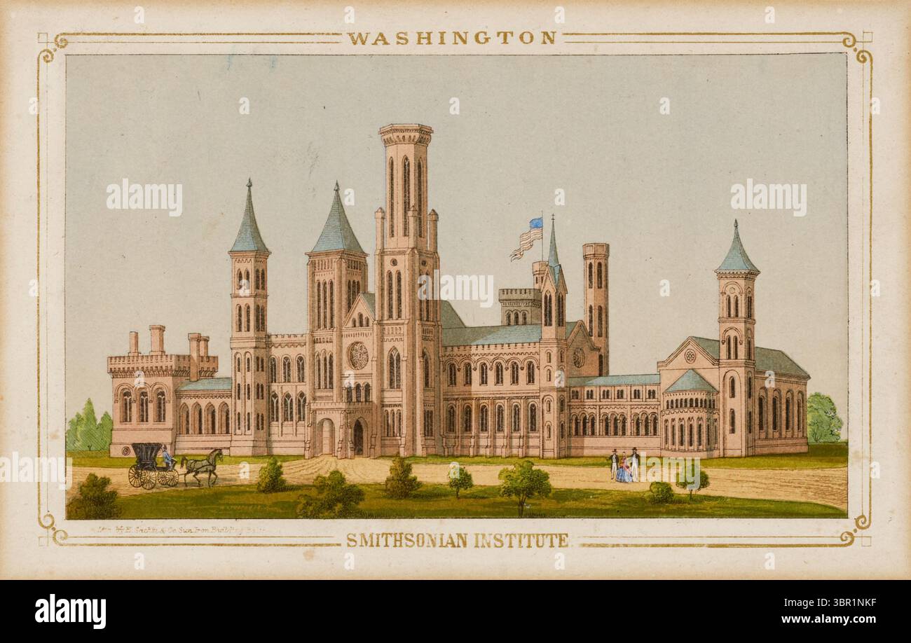 Smithsonian Institute, handkolorierte Lithographie von Edward Sachse, ca. 1855. Eine fein detaillierte architektonische Ansicht des Smithsonian Castle in Washington, D.C. mit historischen Figuren und einer Pferdekutsche im Vordergrund. Stockfoto
