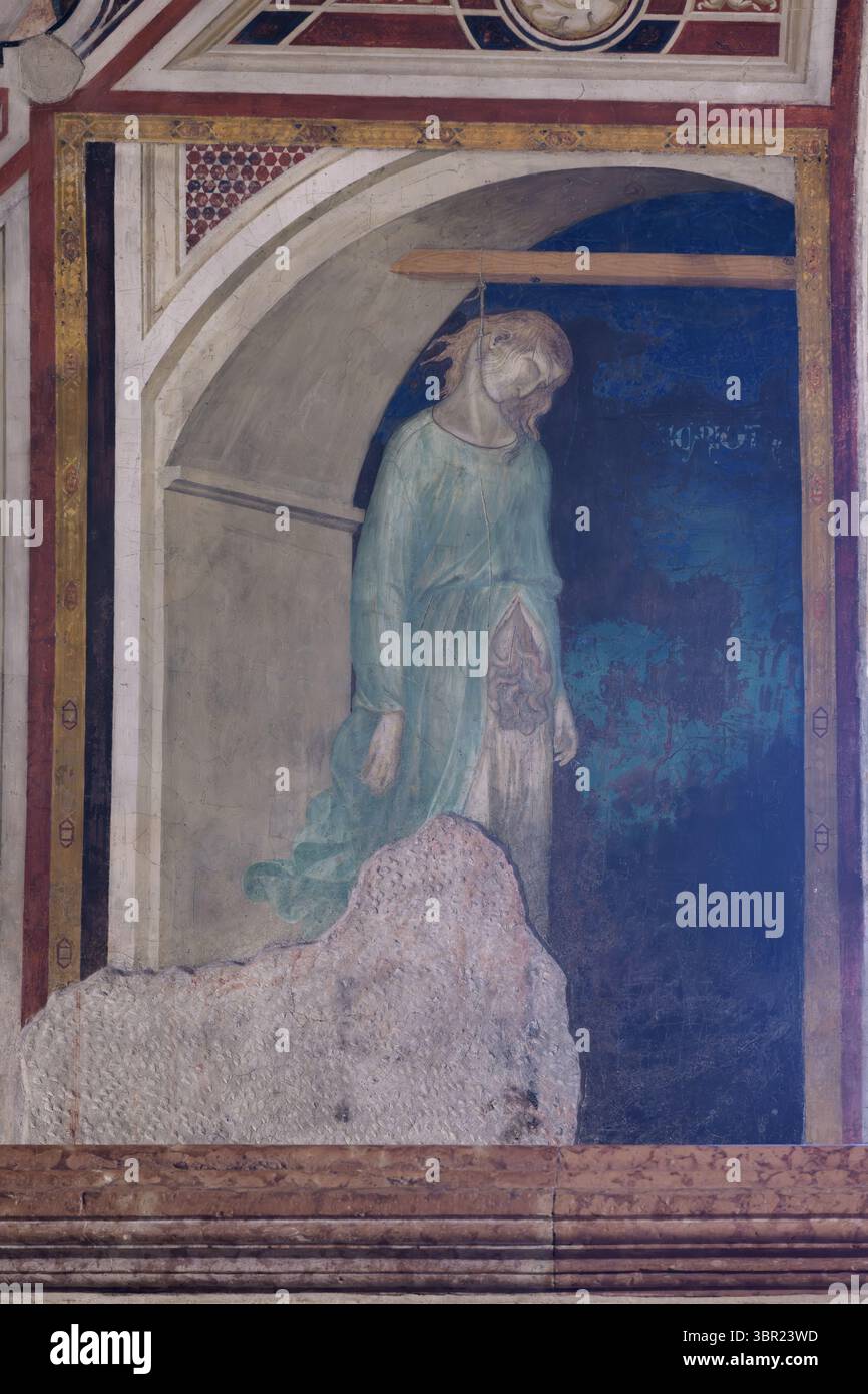 Fresko von Judas Iskariot mit geplatztem Bauch von Pietro Lorenzetti, Basilika San Francesco, Assisi, Italien, ca. 1310-1319. Stockfoto Fresko von Judas Iskariot mit geplatztem Bauch von Pietro Lorenzetti, Basilika San Francesco, Assisi, Italien, ca. 1310-1319. Stockfoto