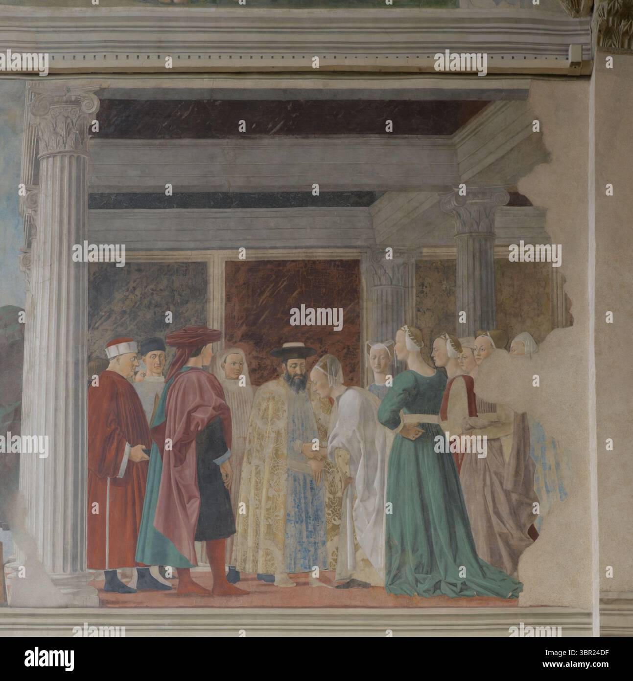 Fresko-Treffen der Königin von Saba und König Salomo von Piero della Francesca, 15. Jahrhundert, Basilika San Francesco, Arezzo, Italien. Stockfoto