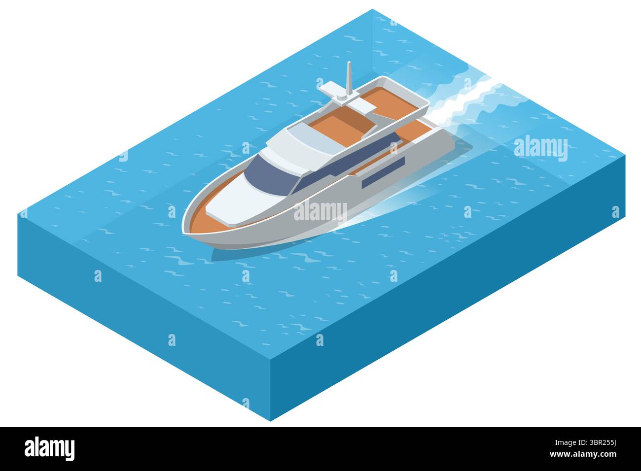 Isometrische Yacht bewegt sich auf blauem Wasser. Die Yacht hinterlässt beim Segeln eine Spur. Reisen, Luxus, Seetransport oder Sommerurlaub. Draufsicht Stock Vektor