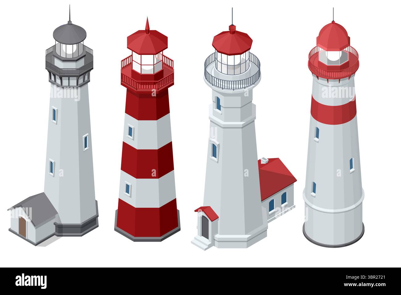Eine Reihe von vier detaillierten isometrischen Leuchttürmen, jeder mit einzigartigen architektonischen Merkmalen und Farbschemata, hoch wie Leuchttürme der Sicherheit. Stock Vektor