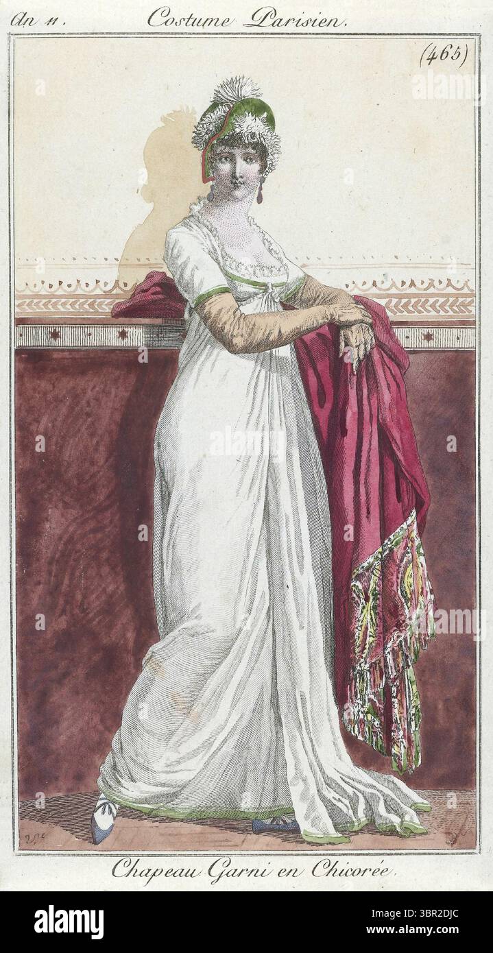 Damenkostüm aus Journal des Dames et des Modes Kostüm Parisien 21. april 1803, Journal of Ladies and Fashion Pariser Kostüm. Chapeau garni en chicoree, Hut mit Chicore von Pierre Charles Baquoy nach Charles Venet veröffentlicht von Pierre de la Mesangere Paris Damenkleid Stockfoto