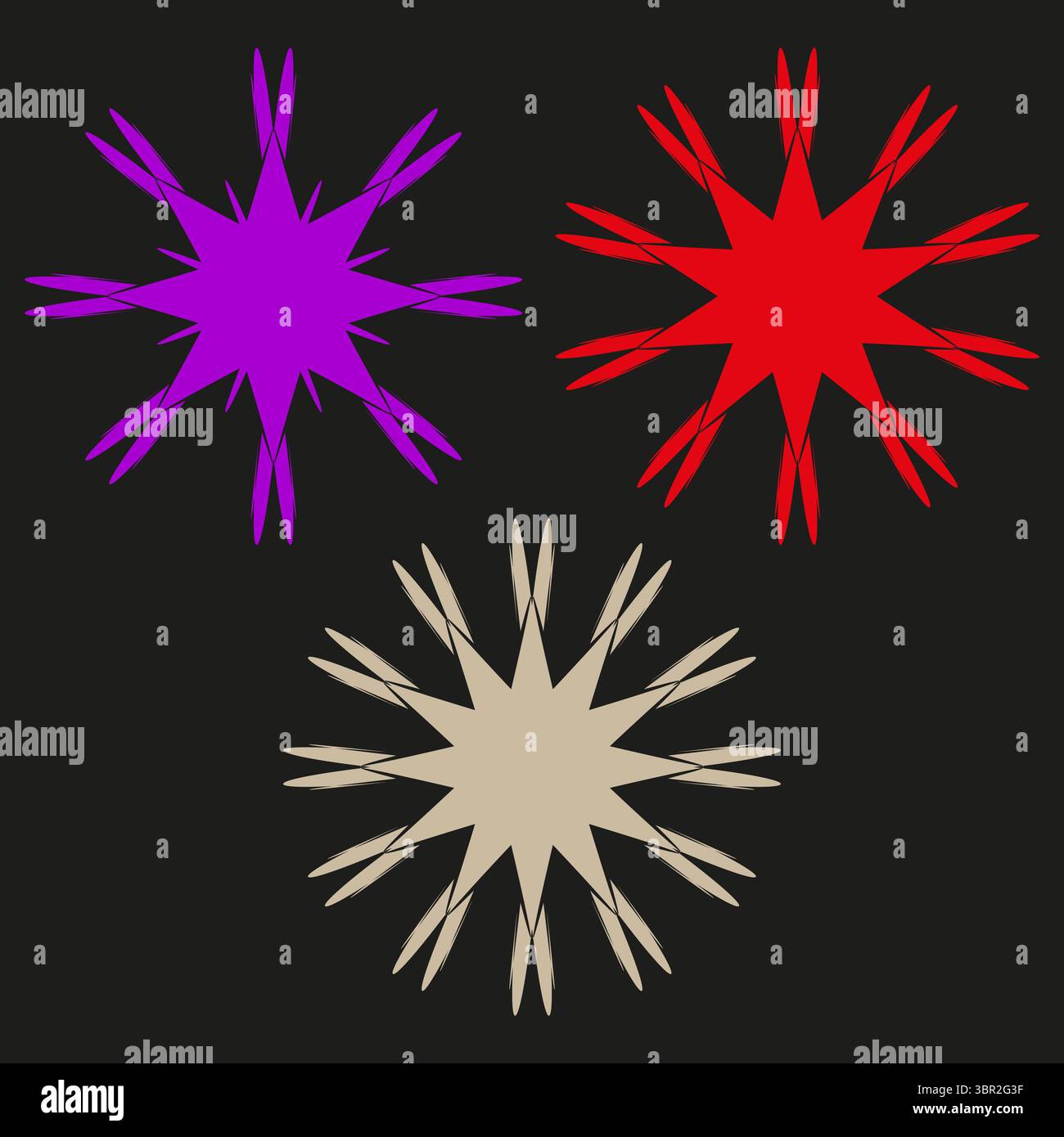 Die dreigliedrige Starburst-Ikonographie. Varifarbiges stellares Triumvirat. Leuchtender pyrotechnischer Vektor. Brillanz im Obsidian-Hintergrund. Stock Vektor
