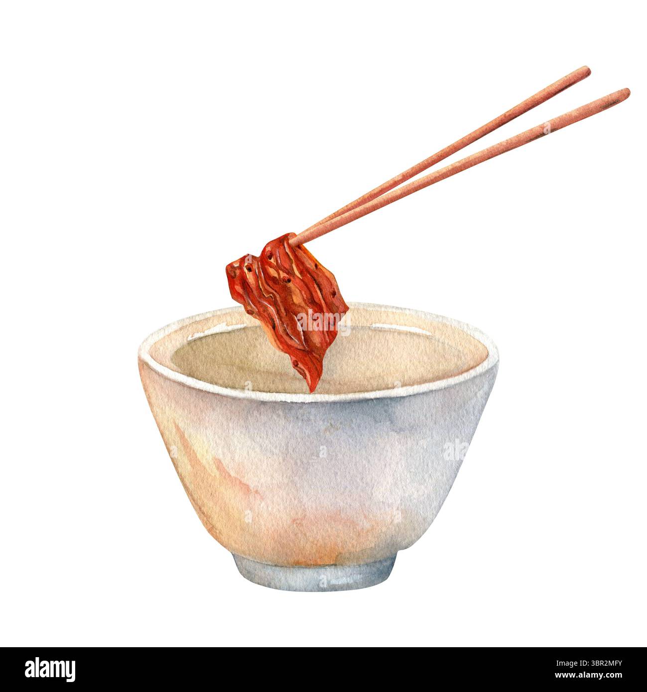 Kimchi, Essstäbchen und Schüssel. Aquarellbilder sind handgezeichnet. Isoliert auf weißem Hintergrund. Für Einladungen, Poster und Karten Stockfoto