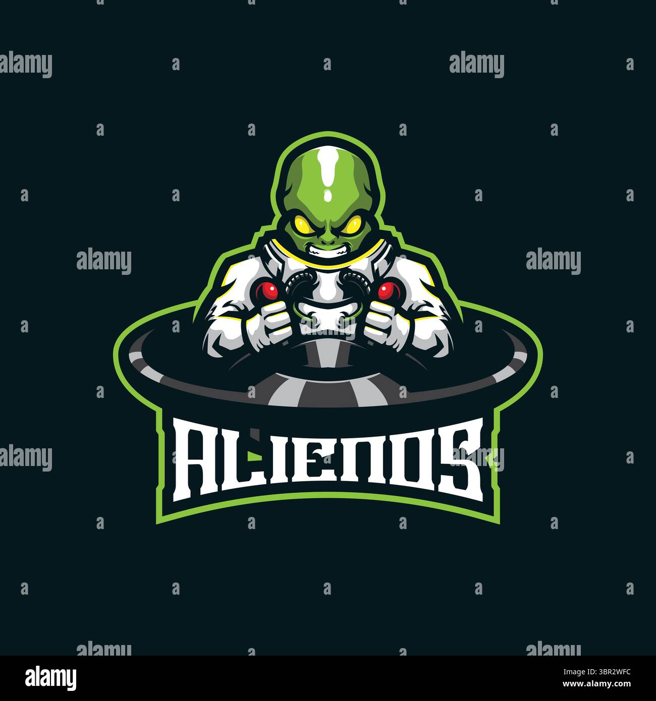 Alien Mascot Logo Design Vektor mit modernem Illustrationskonzept Stil für Abzeichen, Emblem und T-Shirt Druck. Intelligente Alien-Illustration mit UFO. Stock Vektor
