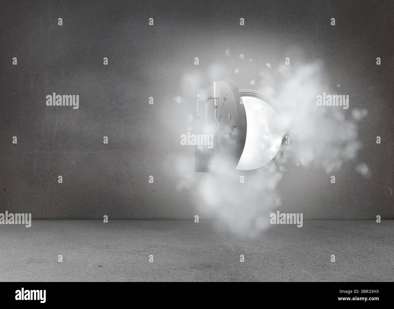 In Staubwolke auf graue Wand sicher öffnen Stockfoto