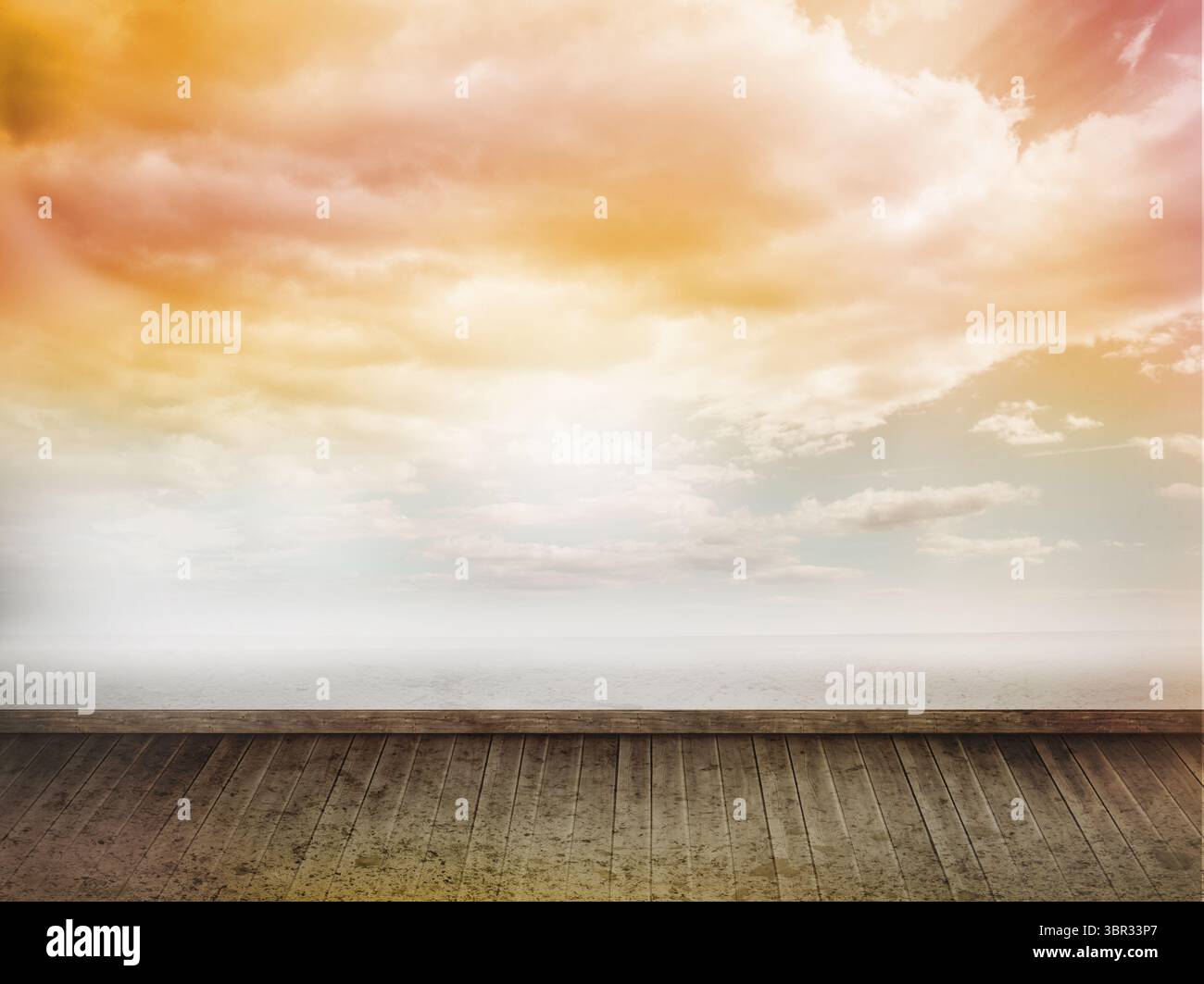 Breite Holzterrasse, die in ruhiges Meer unter pastellfarbenem Wolkenhimmel führt und in flachem Design gezeigt wird Stockfoto Breite Holzterrasse, die in ruhiges Meer unter pastellfarbenem Wolkenhimmel führt und in flachem Design gezeigt wird Stockfoto