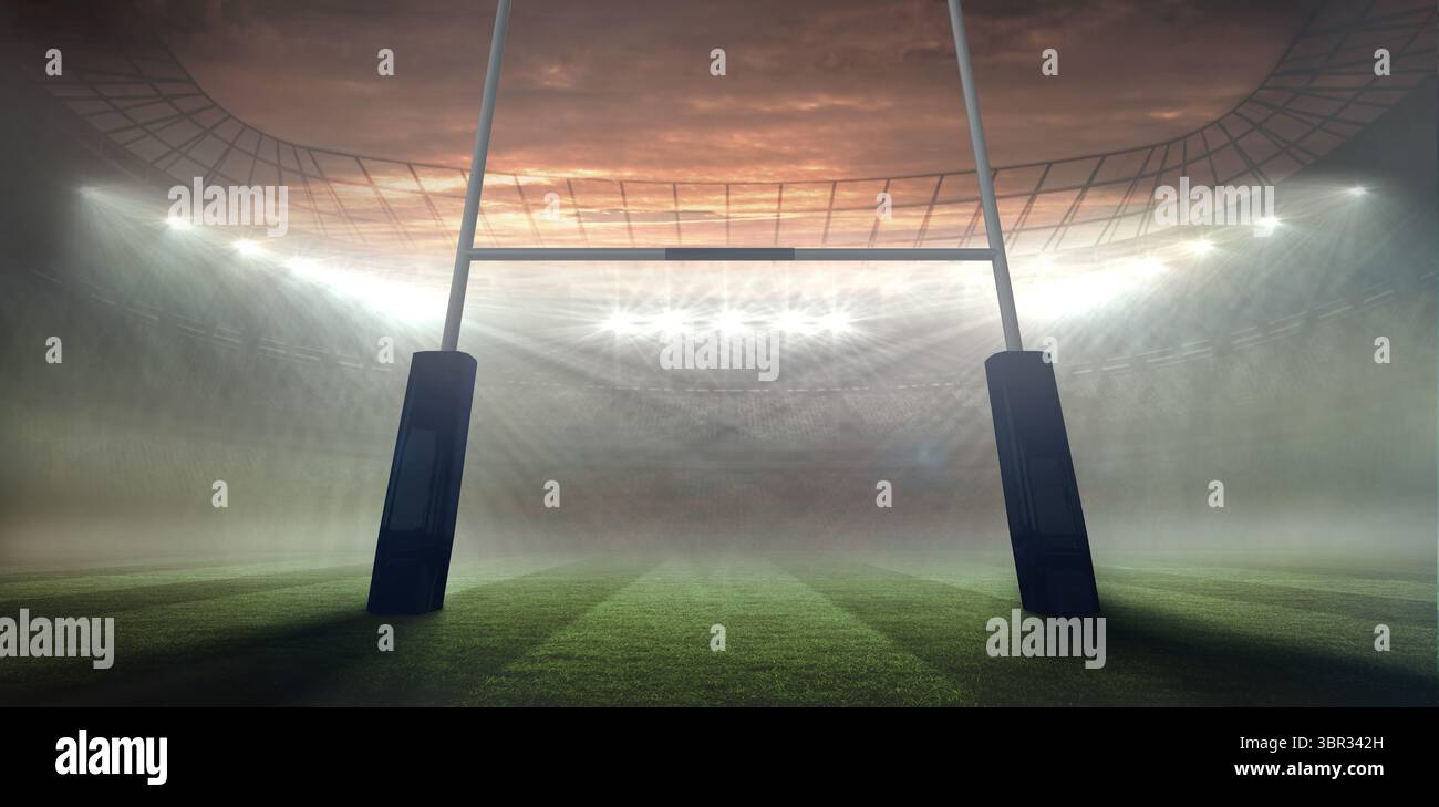 Flaches Design mit Dämmerung im Rugby-Stadion, Torpfosten, beschlagenen Flutlichtern über gestreiftem Spielfeld, Ebenen Stockfoto