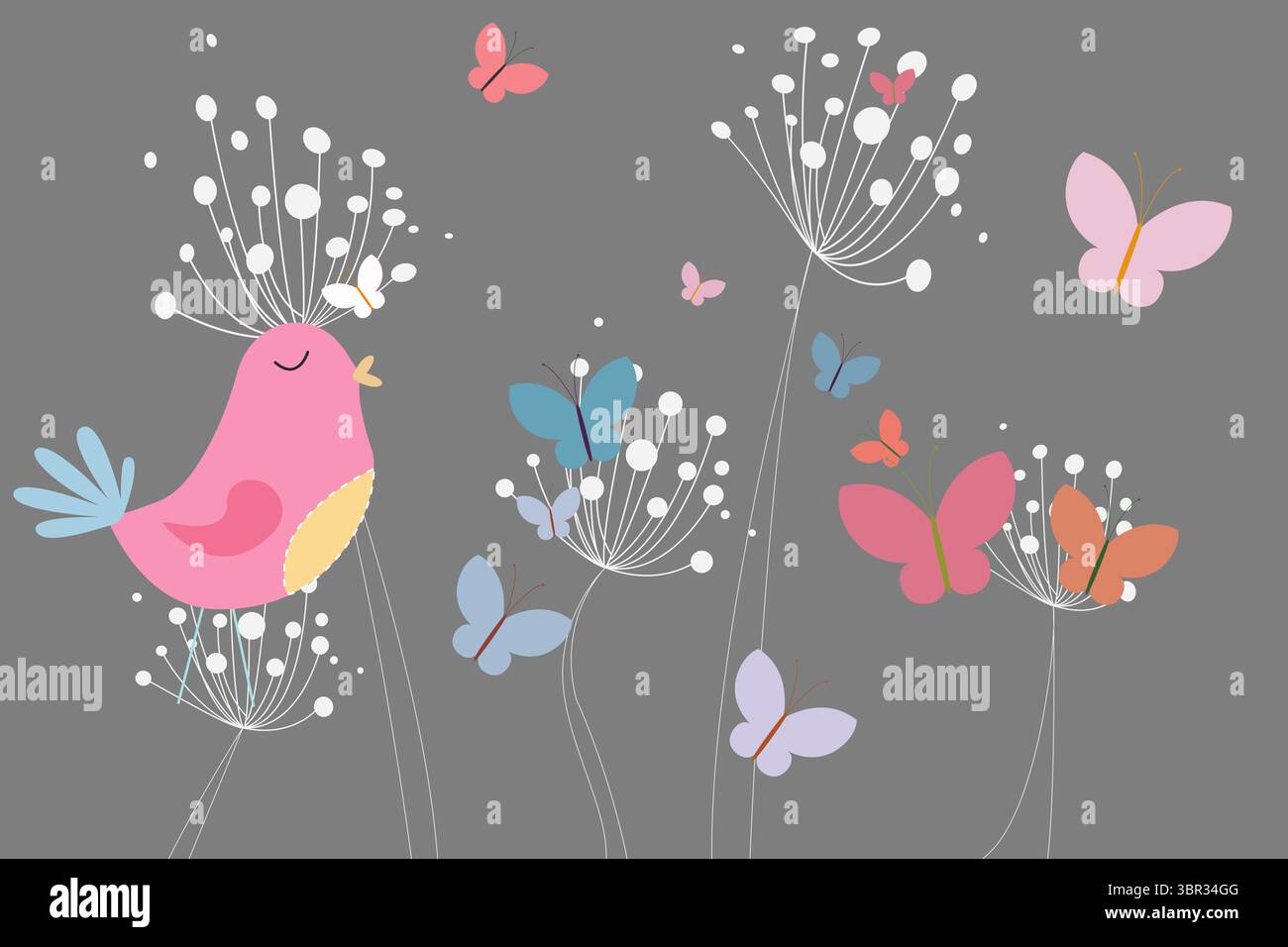 Rosa Vogel mit Herz und Löwenzahn Stockfoto