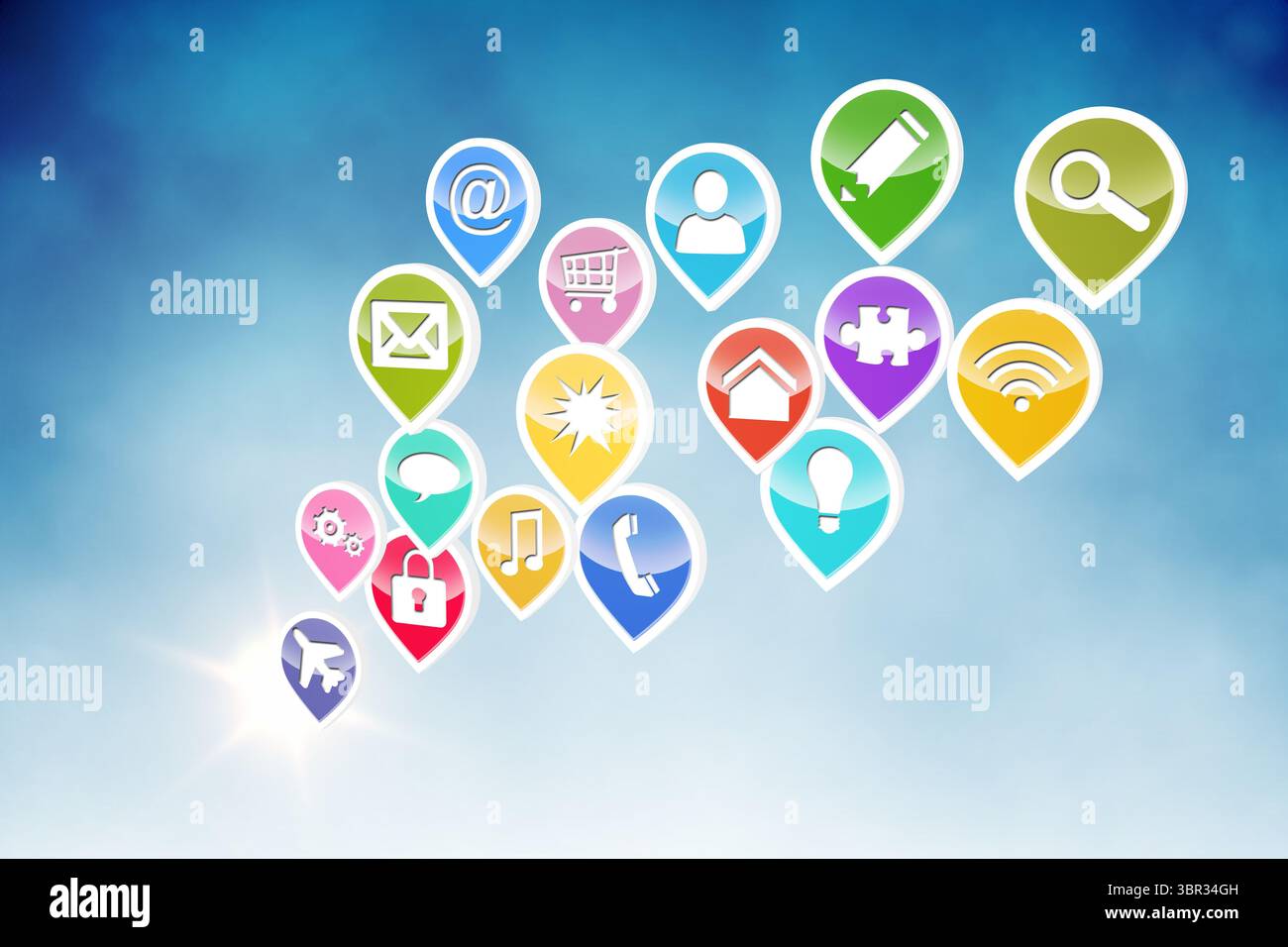 Farbenfrohe Kartenmarkierungen mit flachen Symbolen schwebt gegen den blauen Himmelsverlauf und den Kopierraum Stockfoto